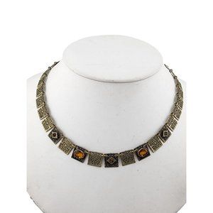Antique Art Deco Filigree Brass & Bezel Set Glass Articulating Necklace (A3254)